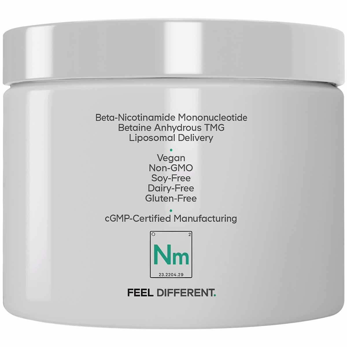 White cylindrical supplement jar with silver lid and label showing NMN ingredients, vegan certification, and cGMP manufacturi