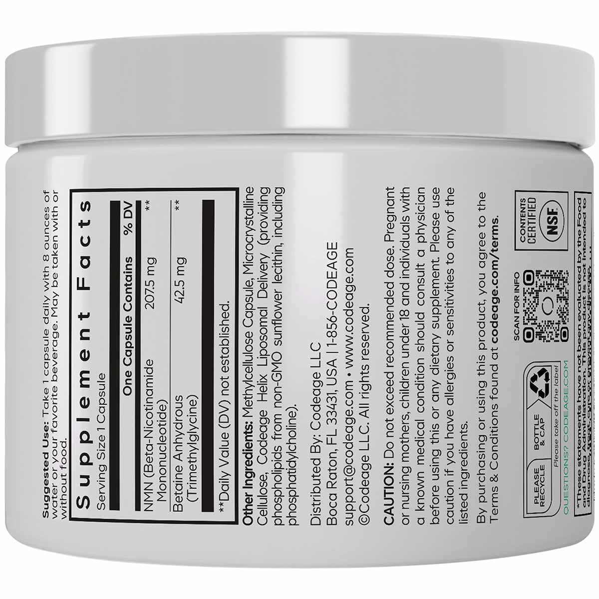 White cylindrical supplement container with silver lid and black label text showing Codeage liposomal NMN product information