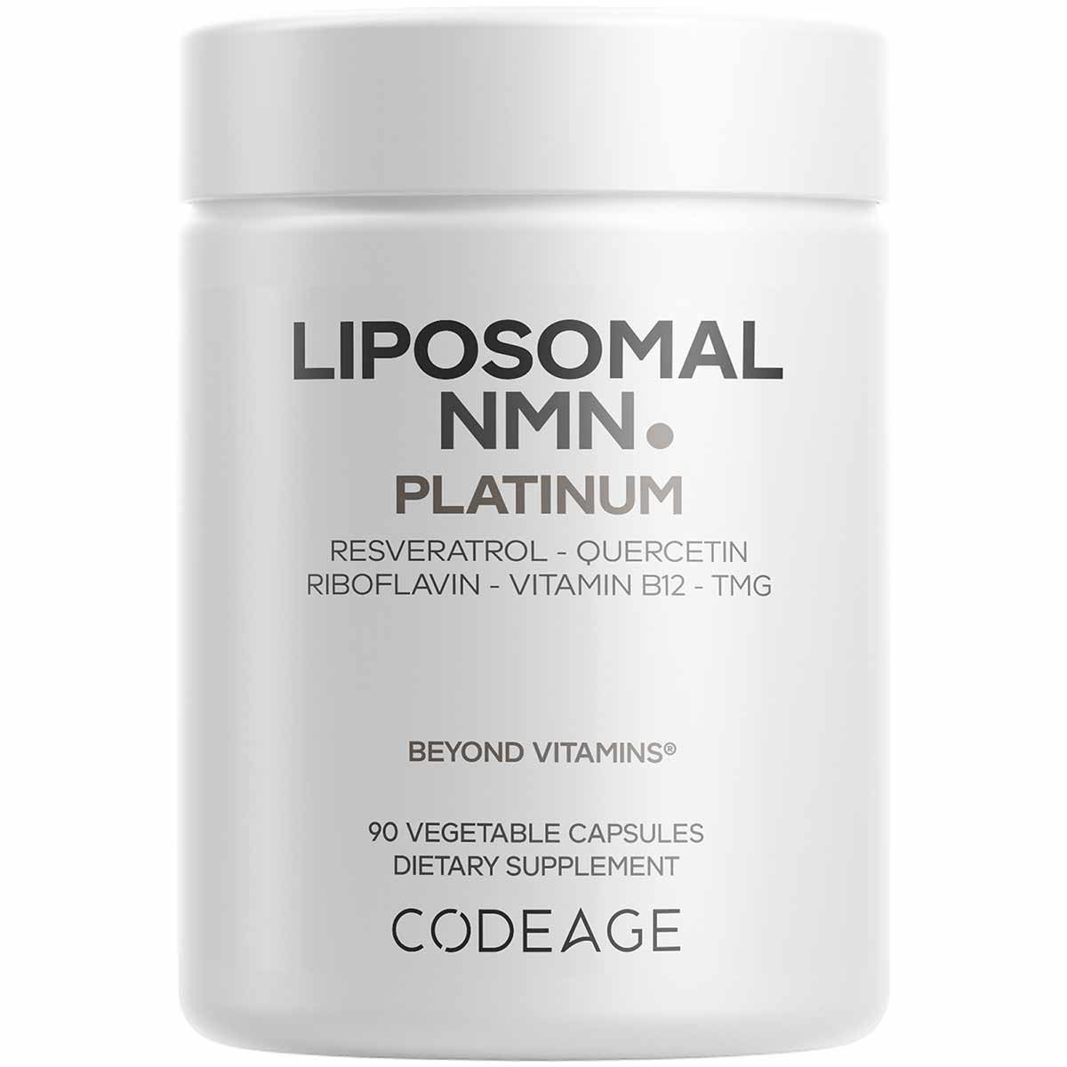 White supplement bottle labeled Liposomal NMN Platinum by Codeage containing 90 vegetable capsules.