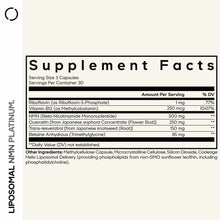 Supplement Facts label for Liposomal NMN Platinum showing ingredients including NMN, Vitamin B12, Quercetin, and other compon