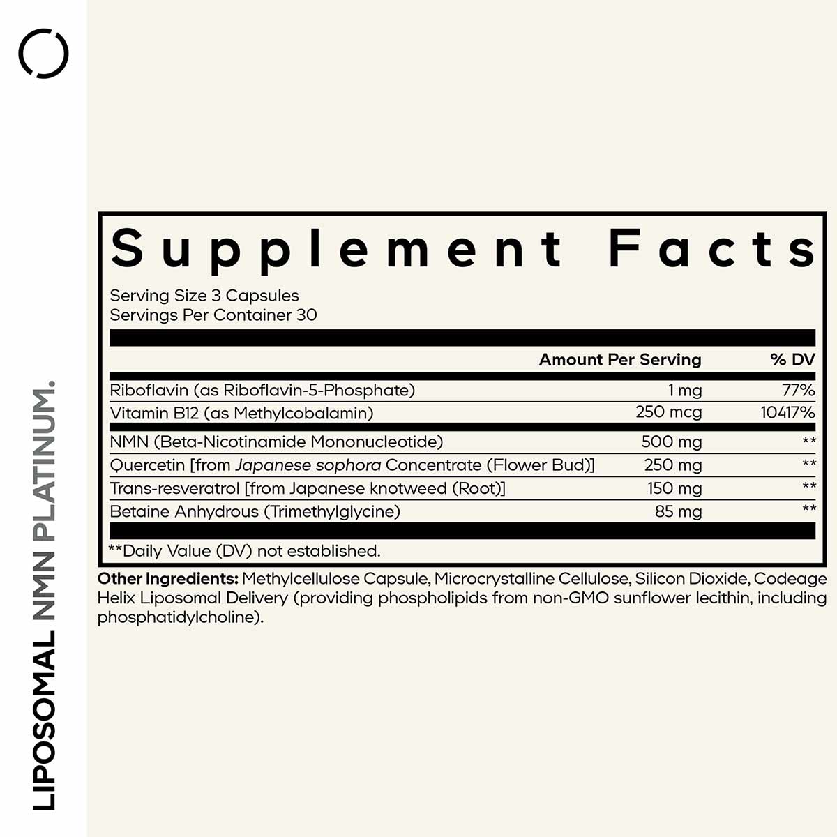 Supplement Facts label for Liposomal NMN Platinum showing ingredients including NMN, Vitamin B12, Quercetin, and other compon