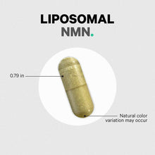 Gold-colored liposomal NMN capsule measuring 0.79 inches with text indicating natural color variation may occur.
