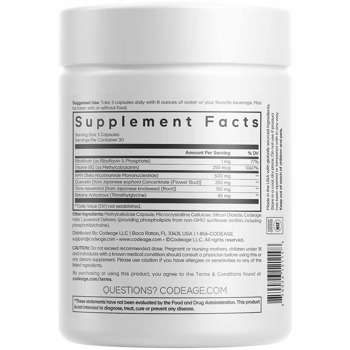 White cylindrical supplement container with white lid displaying Supplement Facts label for NMN capsules.