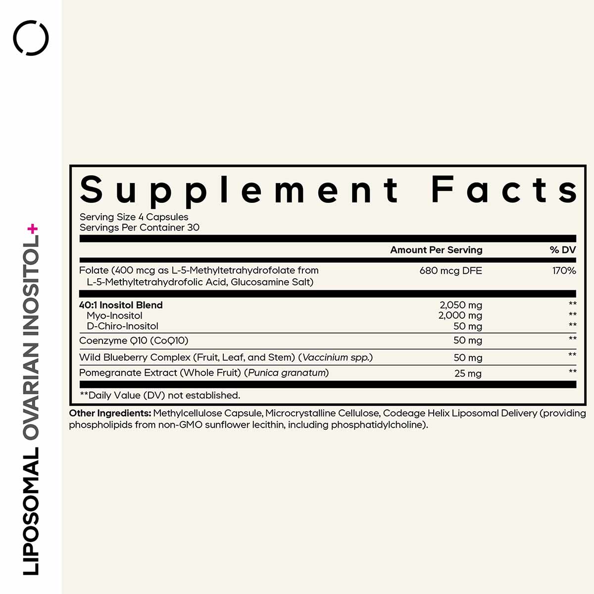 Supplement Facts label for Liposomal Ovarian Inositol + showing ingredients including inositol blend, CoQ10, and botanical ex