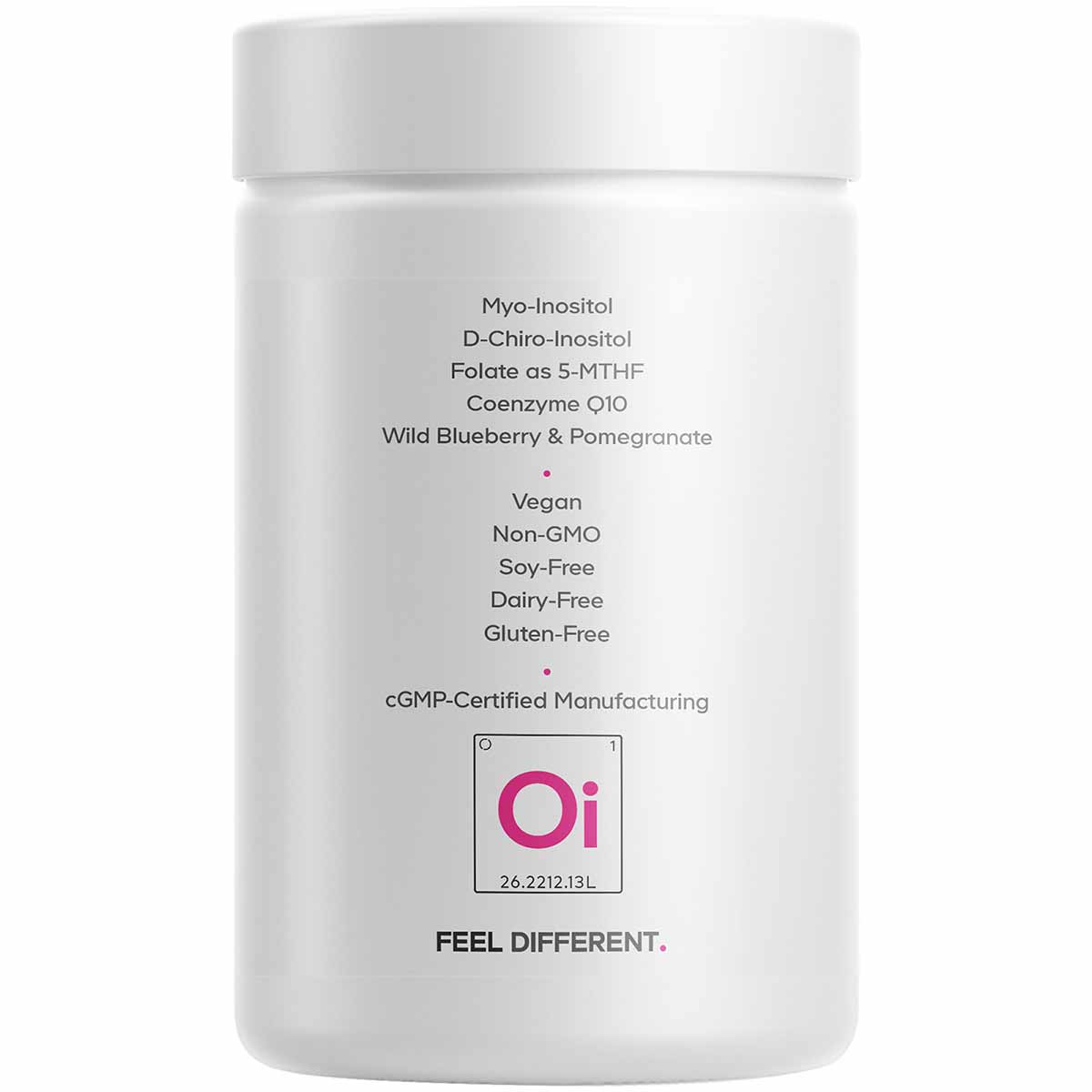 White supplement jar with black and pink text listing ingredients including myo-inositol, D-chiro-inositol, coenzyme Q10, and