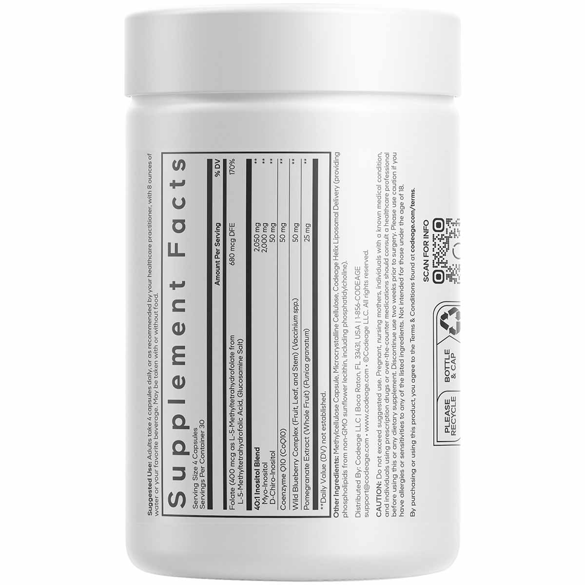 White bottle with "Supplement Facts" label detailing inositol and related ingredients for ovarian health support.