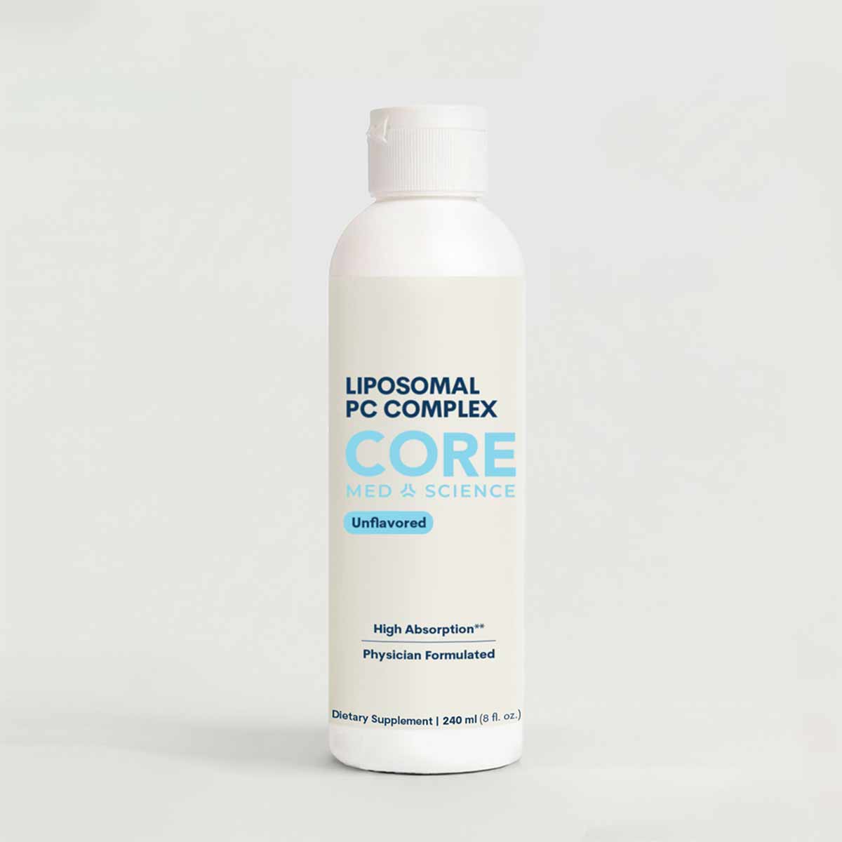 Clear liquid supplement bottle labeled "Liposomal PC Complex" by Core Med Science, 240 ml, unflavored.