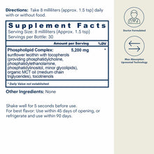 Supplement facts label showing 5,200 mg phospholipid complex per serving with directions and icons for doctor formulated and 