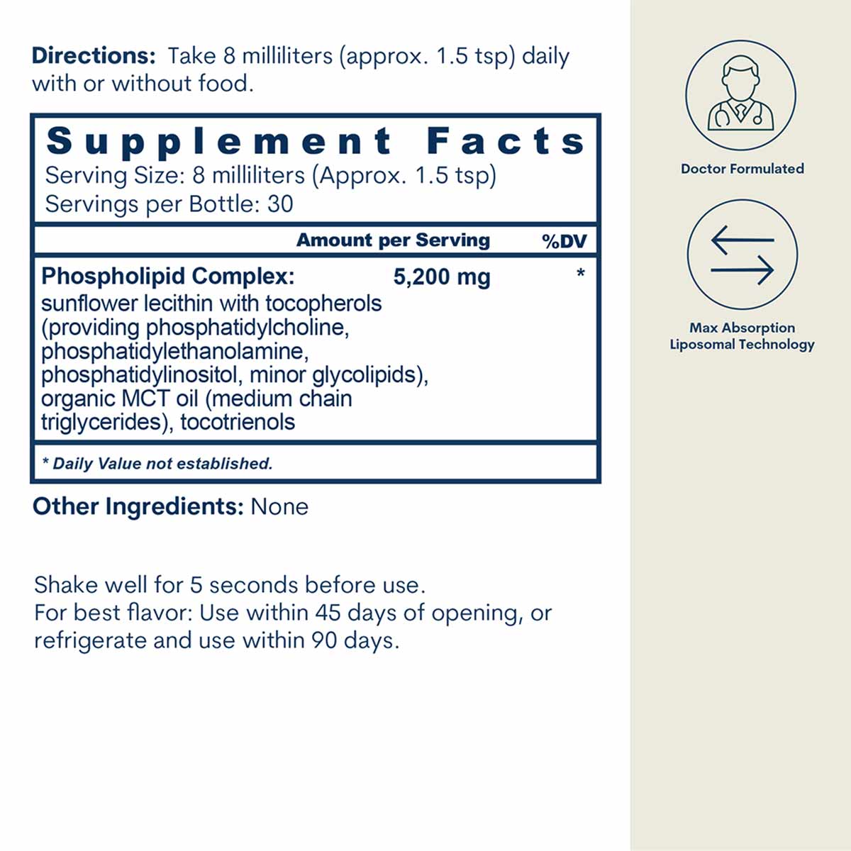 Supplement facts label showing 5,200 mg phospholipid complex per serving with directions and icons for doctor formulated and 