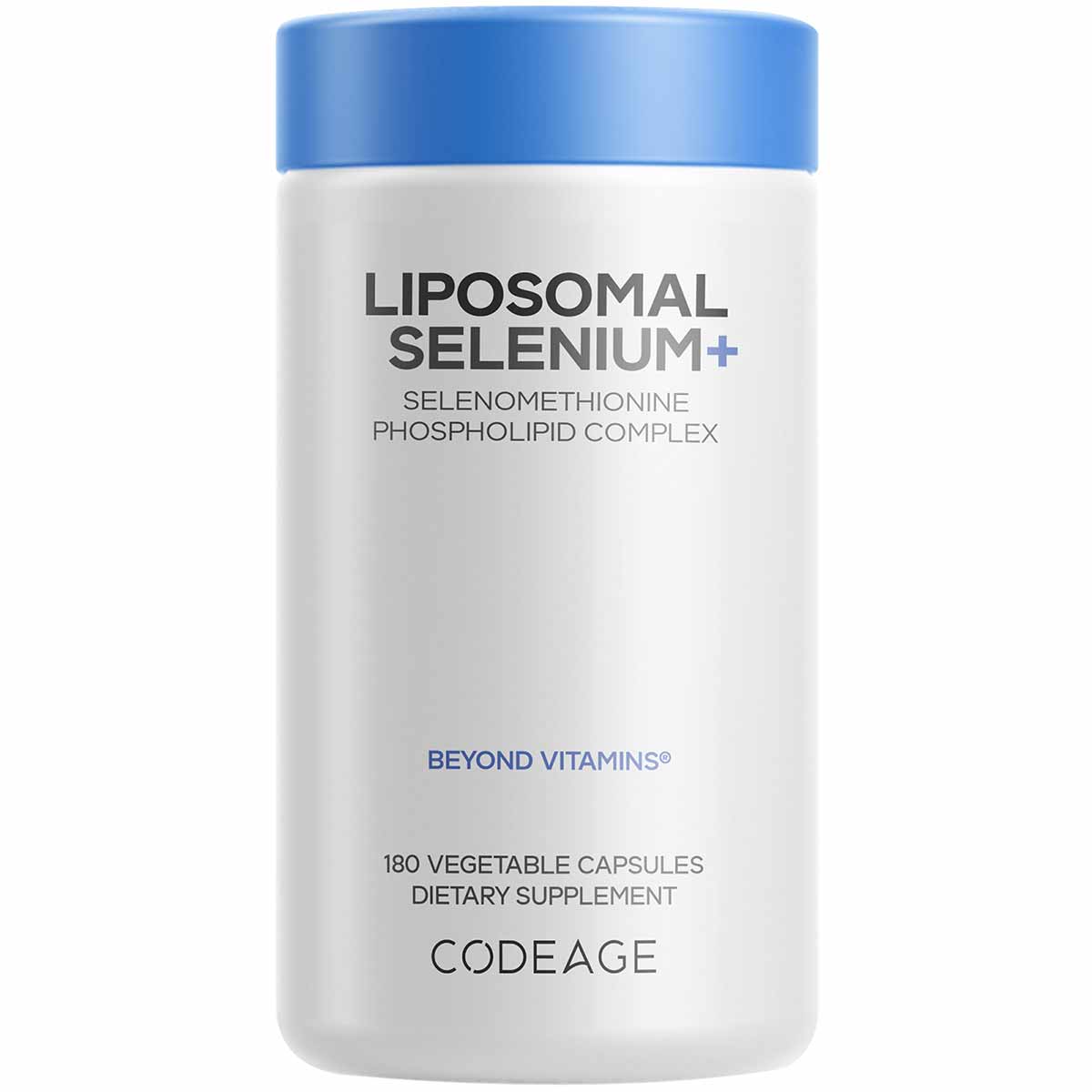 White cylindrical bottle with blue cap labeled "Liposomal Selenium+" containing 180 vegetable capsules by Codeage.