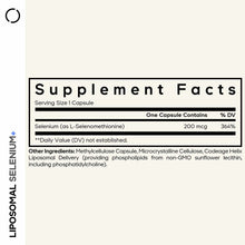 Supplement Facts label for Liposomal Selenium showing 200 mcg selenium per capsule serving size.