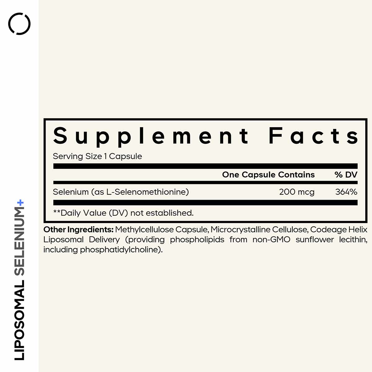 Supplement Facts label for Liposomal Selenium showing 200 mcg selenium per capsule serving size.