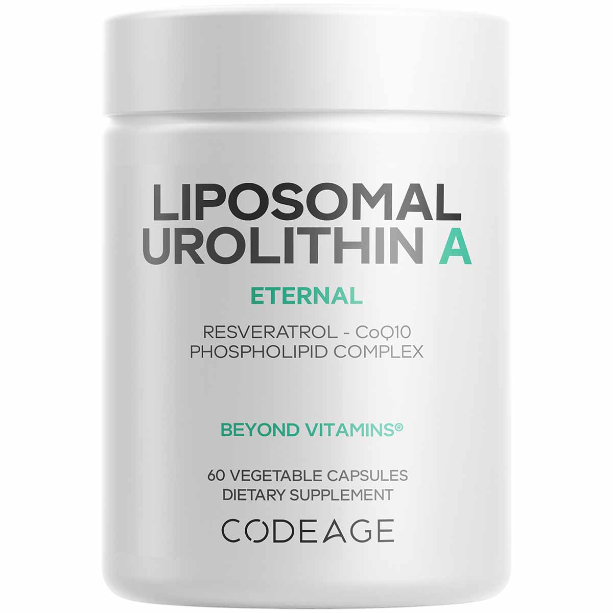 White cylindrical supplement bottle labeled Liposomal Urolithin A by Codeage containing 60 vegetable capsules.