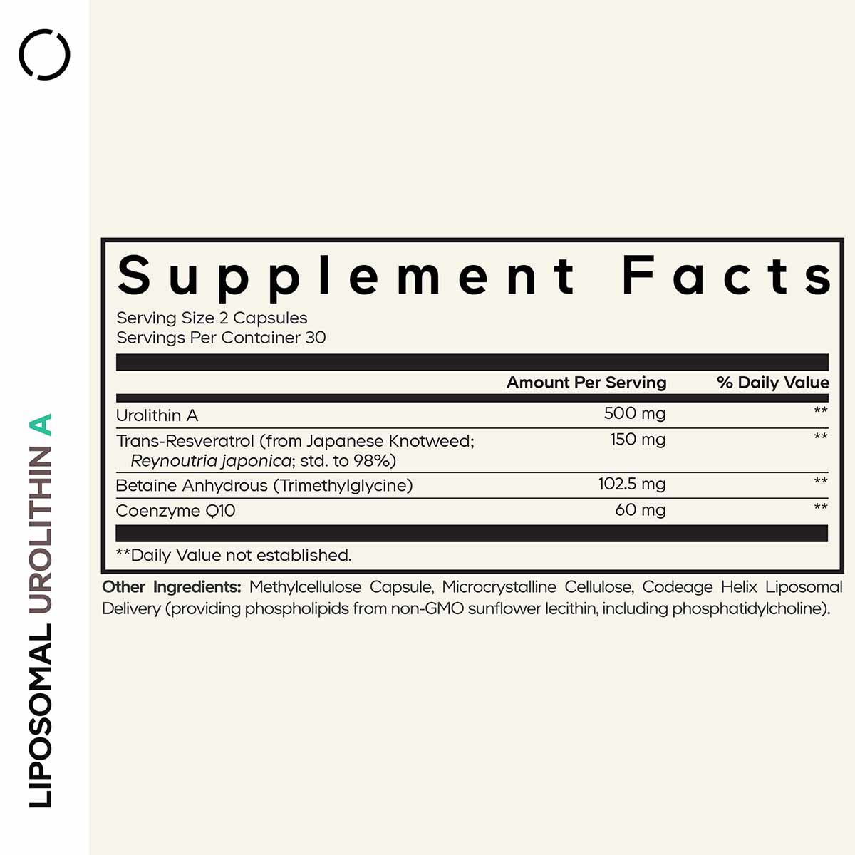 Supplement Facts label for Liposomal Urolithin A showing serving size of 2 capsules with ingredients including Urolithin A, t