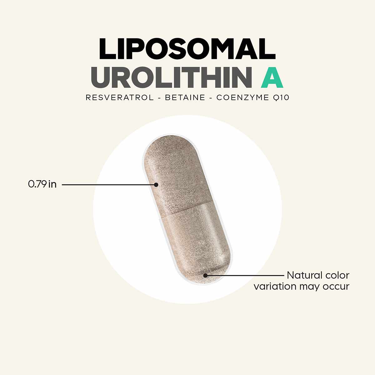 Tan and white capsule pill with "Liposomal Urolithin A" text and ingredient list above.