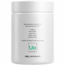 White cylindrical supplement bottle labeled with Bioavailable Urolithin A Liposomal Delivery and vegan, non-GMO attributes.