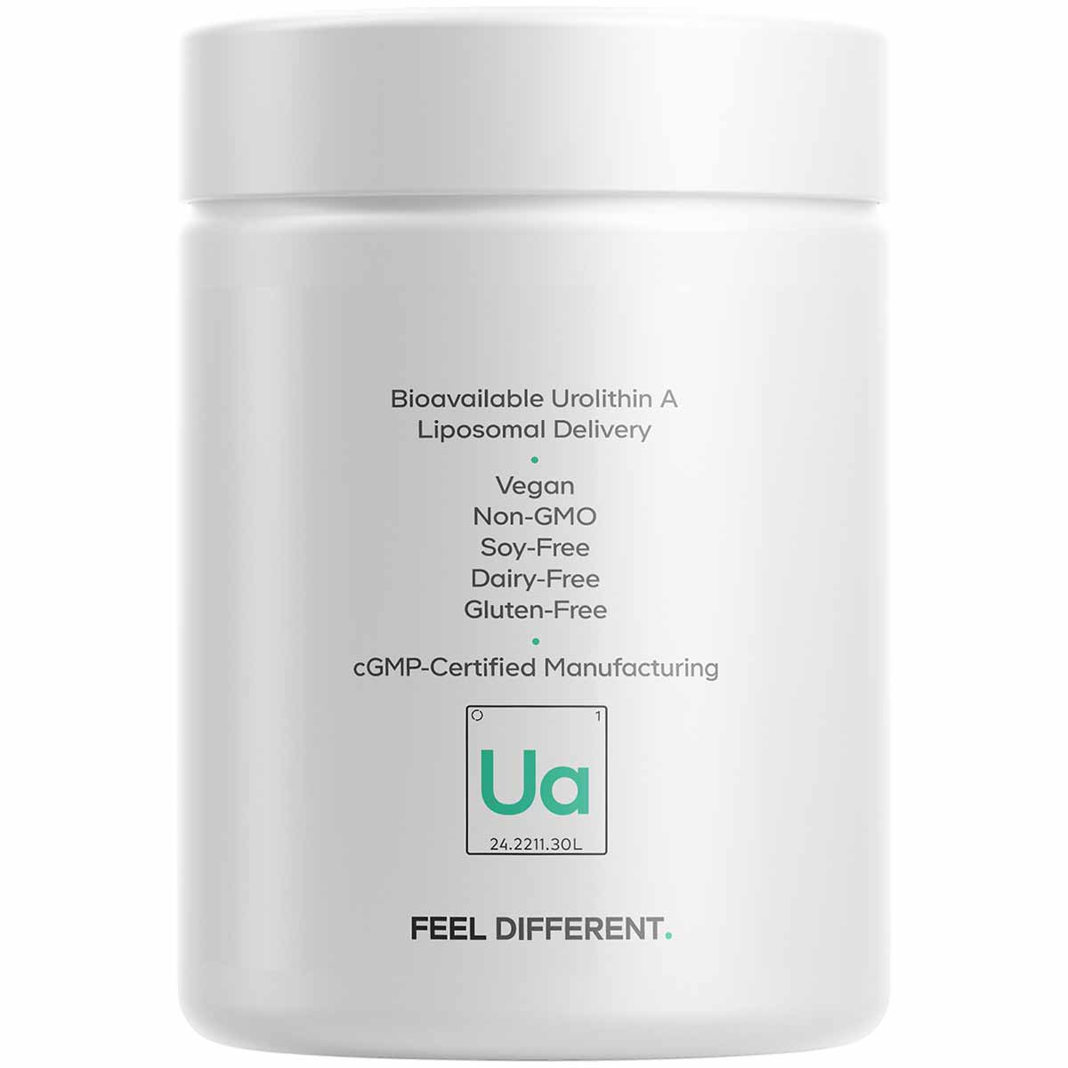 White cylindrical supplement bottle labeled with Bioavailable Urolithin A Liposomal Delivery and vegan, non-GMO attributes.