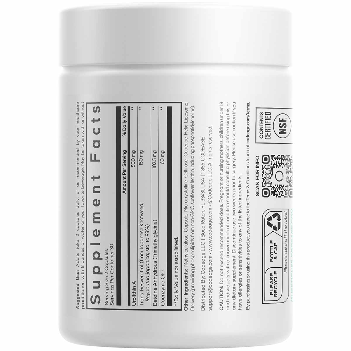 White supplement container with black label showing Codeage Liposomal Urolithin A product information and supplement facts pa