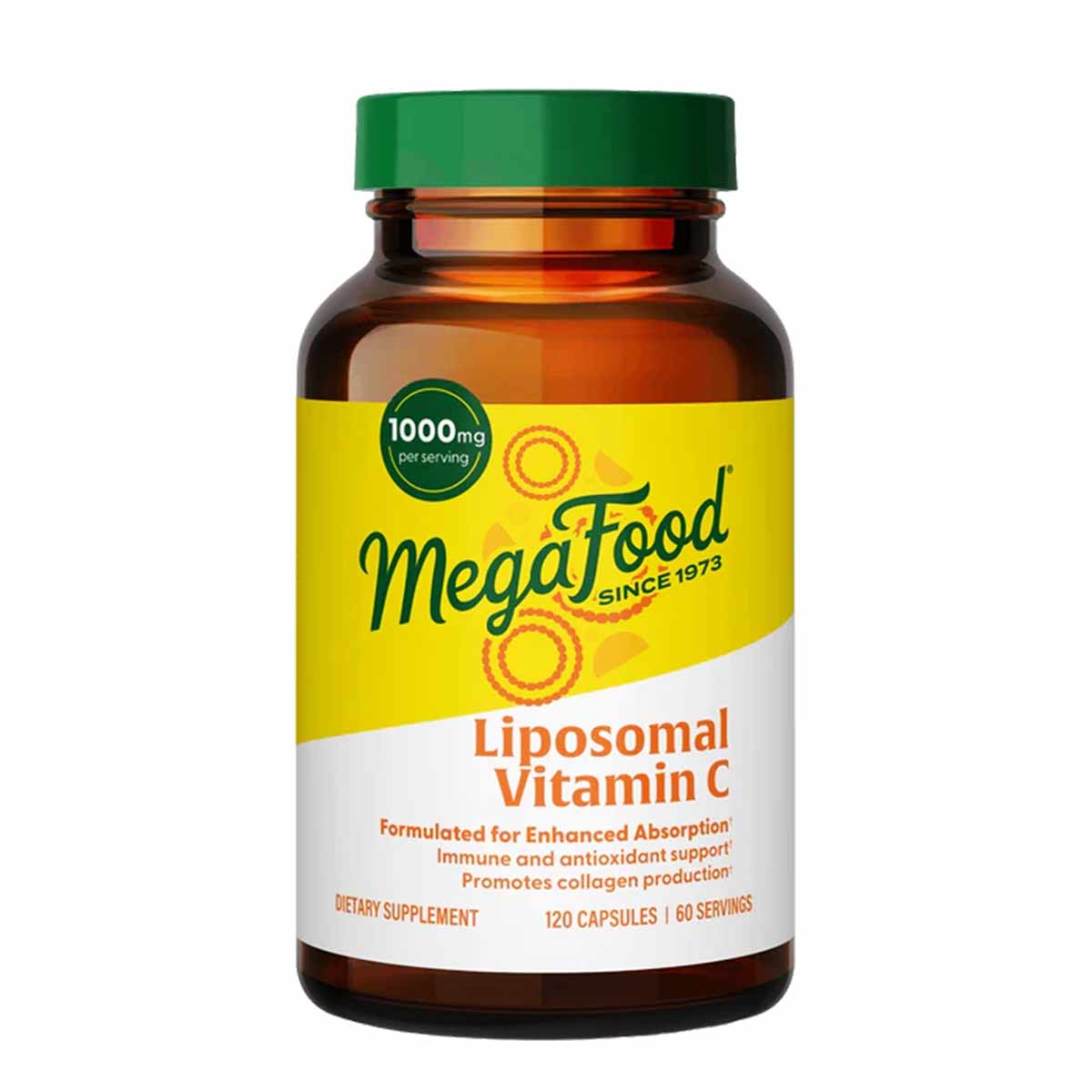 Brown glass bottle with green cap labeled MegaFood Liposomal Vitamin C, 1000mg per serving, 120 capsules.