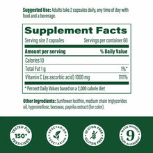 Supplement facts label showing 1000mg Vitamin C per serving, serving size 2 capsules, 60 servings per container.