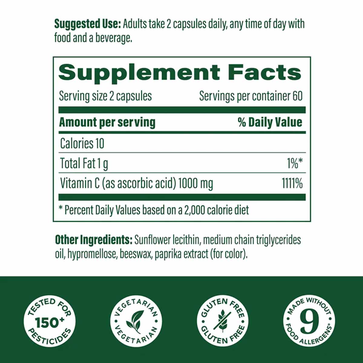 Supplement facts label showing 1000mg Vitamin C per serving, serving size 2 capsules, 60 servings per container.