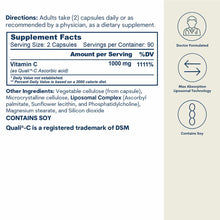 Supplement facts label for liposomal vitamin C capsules showing 1000mg per serving, with icons indicating doctor formulated, 