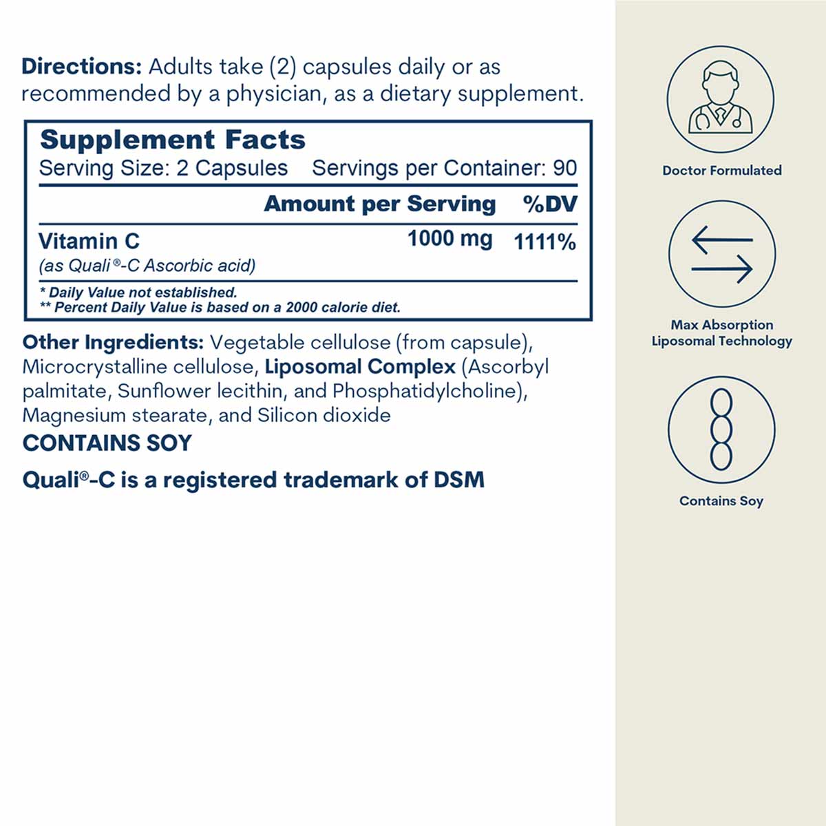 Supplement facts label for liposomal vitamin C capsules showing 1000mg per serving, with icons indicating doctor formulated, 