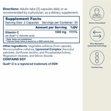 Supplement Facts label for Liposomal Vitamin C Capsules showing 1000mg per serving with directions and ingredients list.