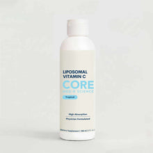 White plastic bottle containing clear liquid labeled "Liposomal Vitamin C" by Core Med Science, 150 ml with white screw cap.