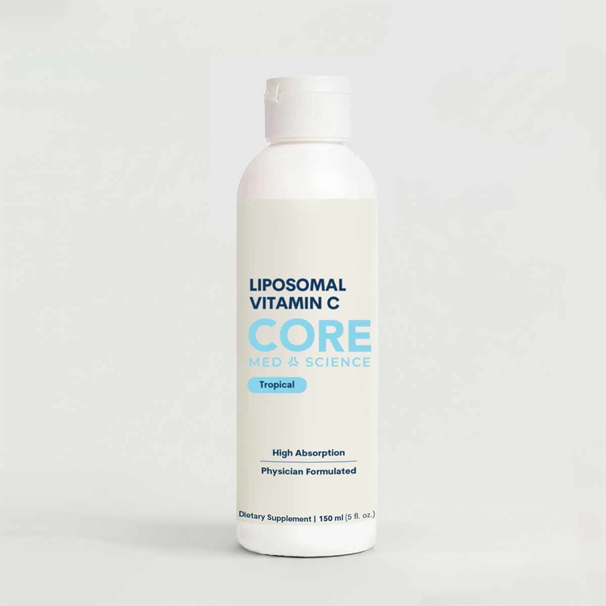 White plastic bottle containing clear liquid labeled "Liposomal Vitamin C" by Core Med Science, 150 ml with white screw cap.