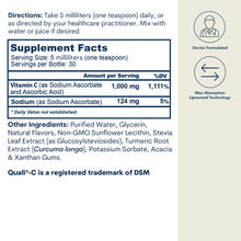 Supplement Facts label for liposomal Vitamin C liquid showing 1,000mg per serving with ingredient list and dosage instruction
