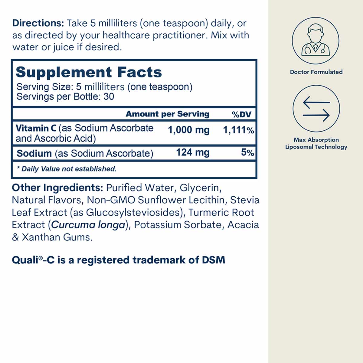 Supplement Facts label for liposomal Vitamin C liquid showing 1,000mg per serving with ingredient list and dosage instruction
