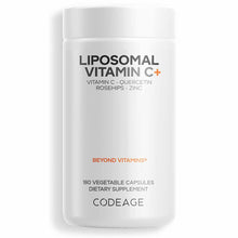 White cylindrical bottle of Codeage Liposomal Vitamin C+ containing 180 vegetable capsules, labeled with ingredients includin