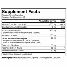 Supplement Facts label showing serving size of 3 capsules with Vitamin C, Zinc, phospholipid complex, alpha lipoic acid, and 
