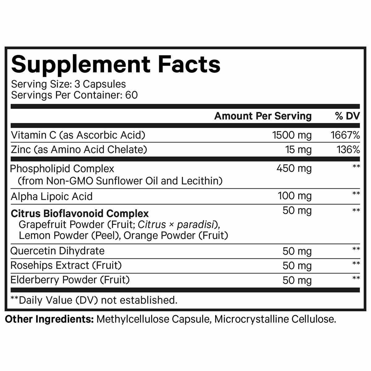 Supplement Facts label showing serving size of 3 capsules with Vitamin C, Zinc, phospholipid complex, alpha lipoic acid, and 
