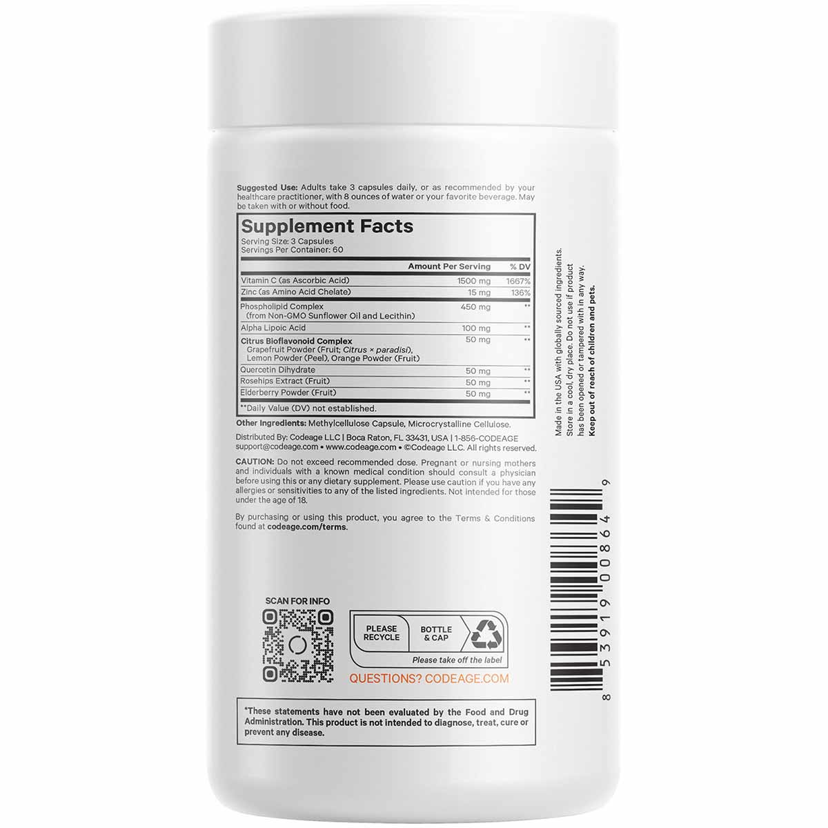 White cylindrical bottle with white cap containing supplement facts label, ingredients list, and barcode on white background.