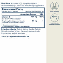 Supplement facts label for liposomal vitamin C softgels showing 1000mg vitamin C per serving and proprietary liposomal comple