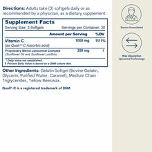 Supplement Facts label for Liposomal Vitamin C Softgels showing 1000 mg Vitamin C per serving and ingredients list.