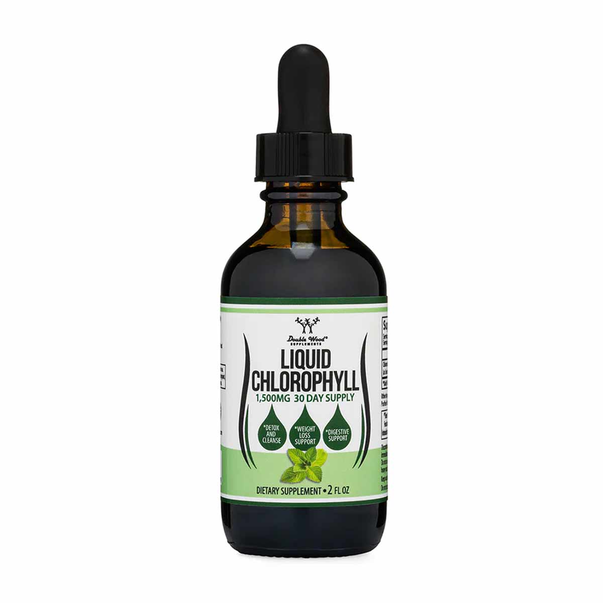 Dark glass dropper bottle of liquid chlorophyll supplement with white and green label, 2 fl oz size.