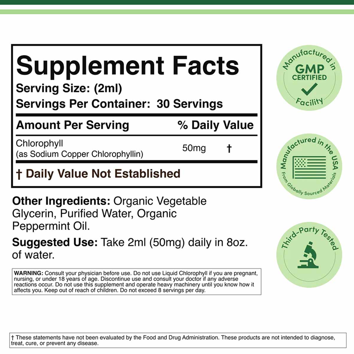 Supplement Facts label for liquid chlorophyll showing 50mg per 2ml serving with ingredient list and certification badges.