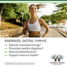 Woman jogging outdoors in athletic wear with green trees in background and product benefits text overlay.