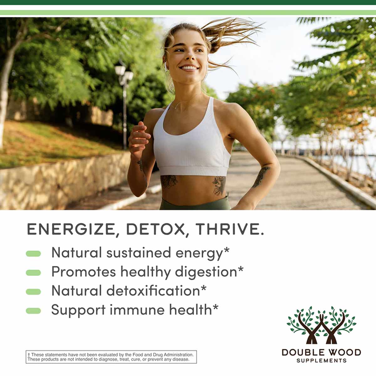 Woman jogging outdoors in athletic wear with green trees in background and product benefits text overlay.