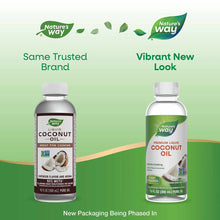 Nature's Way liquid coconut oil bottles shown in old and new packaging designs side by side.