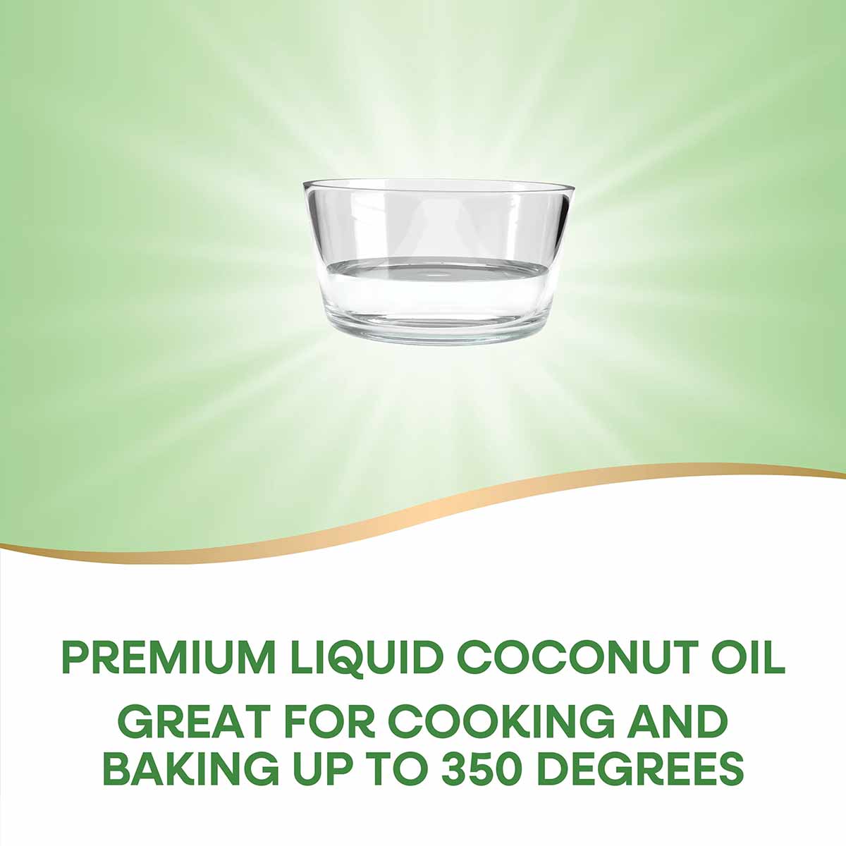 Clear glass bowl containing transparent liquid on green gradient background.