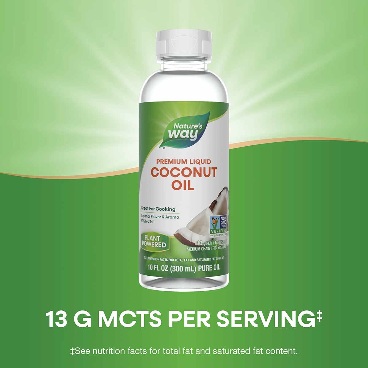 Bottle of Nature's Way Premium Liquid Coconut Oil, 10 fl oz, with clear liquid and green label on green background.