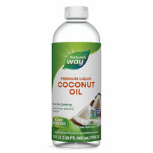 Clear plastic bottle of Nature's Way Premium Liquid Coconut Oil with green and white label, 20 fl oz size.