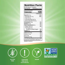 Nutrition Facts label for liquid coconut oil showing 130 calories per serving, with gluten-free, tree nut, vegan, and Non-GMO