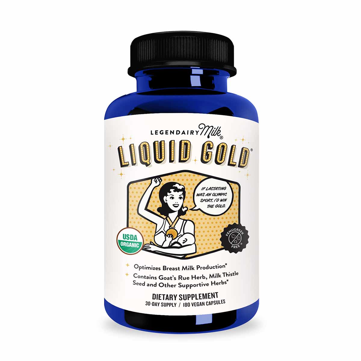 Blue and white bottle of Legendairy Milk Liquid Gold dietary supplement with black cap and vintage-style label.