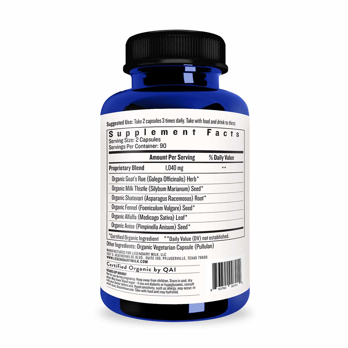 Blue supplement bottle with black cap and white label listing organic ingredients and supplement facts.