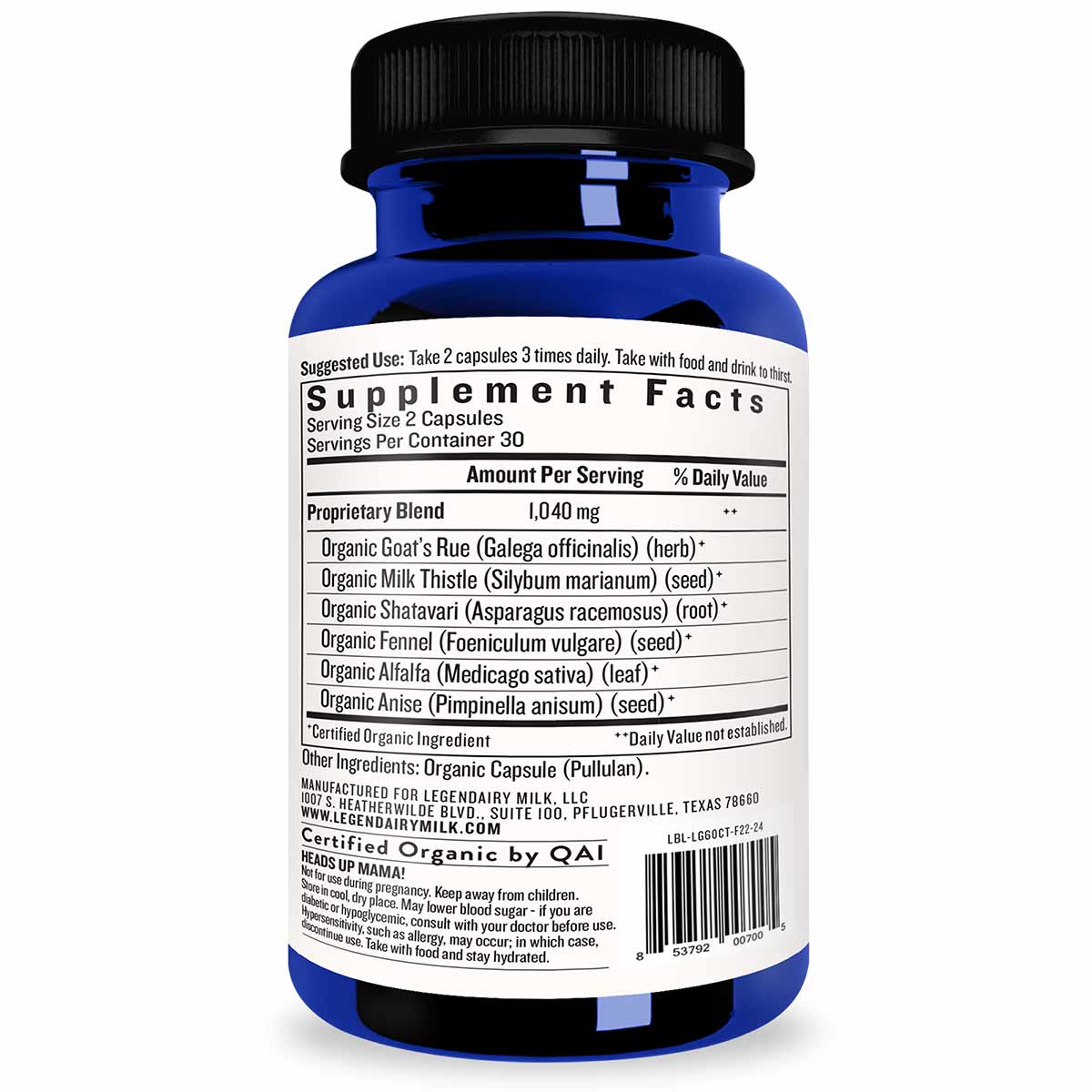 Blue bottle with black cap containing herbal supplement capsules with ingredient label and usage instructions.